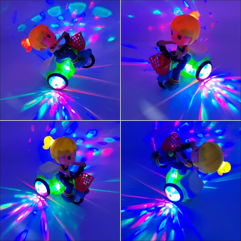 Goyal's Bump & Go Girl Toy with Flashing Lights Music Sound Automatic Riding 360° Rotation Entertainment for Kids Both Boys and Girls, Assorted Multicolor (Stunt Bicycle Girl)