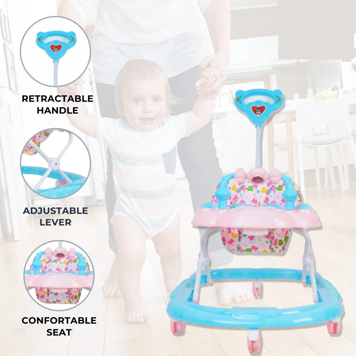 Goyal's Cartoon Baby Adjustable Walker - Music & Rattles with Parental Handle (Blue & Pink)