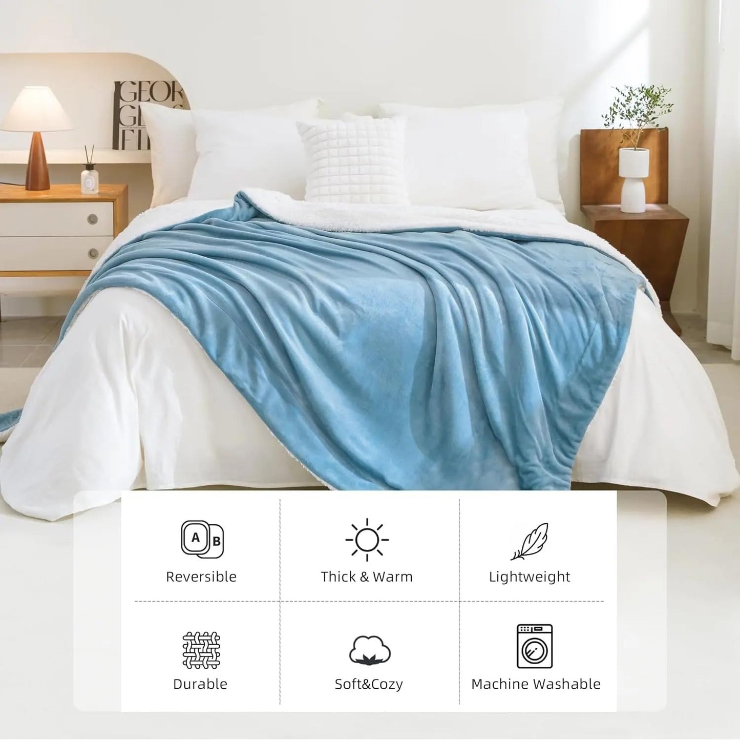 Goyal’s Ultra Soft Flannel Sherpa Blanket for Winter | Single Bed Reversible Plush Blanket 55 x 90 Inches | Thick, Warm & Cozy Dual Layer Microfibre Throw | Fade & Wrinkle Resistant - Ice Blue