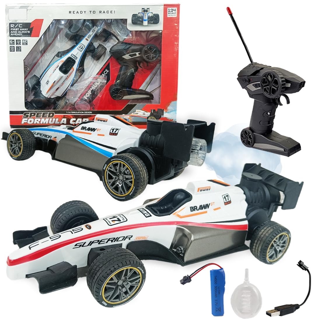 Refurbished - Goyal's Formula F1 Speed Remote Control RC Car with Smoke Spray Scale 1:14 Big with Realistic Sound, Light & Spray Flame - Rechargeable with Easy C-Type Cable (Multicolor)