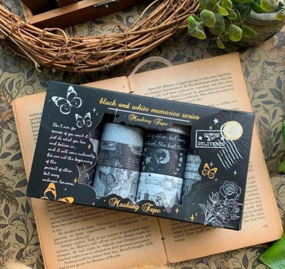 Goyal's Washi Tape Set Decorative Japanese Masking Paper Tape for Scrapbooking, Planners, Card/Gift Wrapping - 20Pcs Black & White