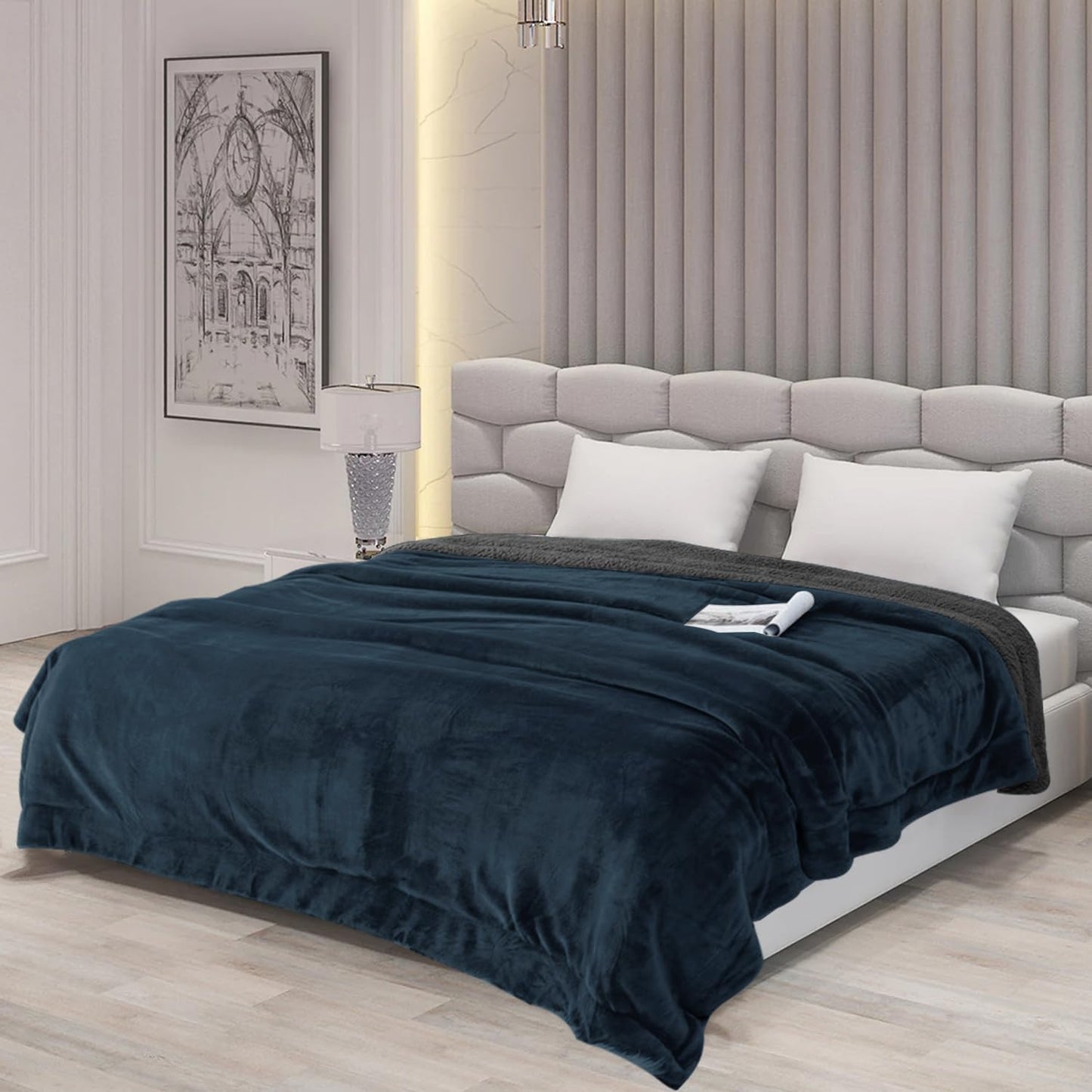 Goyal’s Ultra Soft Flannel Sherpa Blanket for Winter | Single Bed Reversible Plush Blanket 55 x 90 Inches | Thick, Warm & Cozy Dual Layer Microfibre Throw | Fade & Wrinkle Resistant - Navy Blue