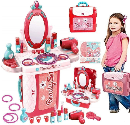 Goyal's Big Beauty Set for Kids Girls 3 in 1 Learning Educational Make Up Suitcase Kit with Makeup Accessories Pretend Play Set Portable Suitcase Toy Gift for Girls