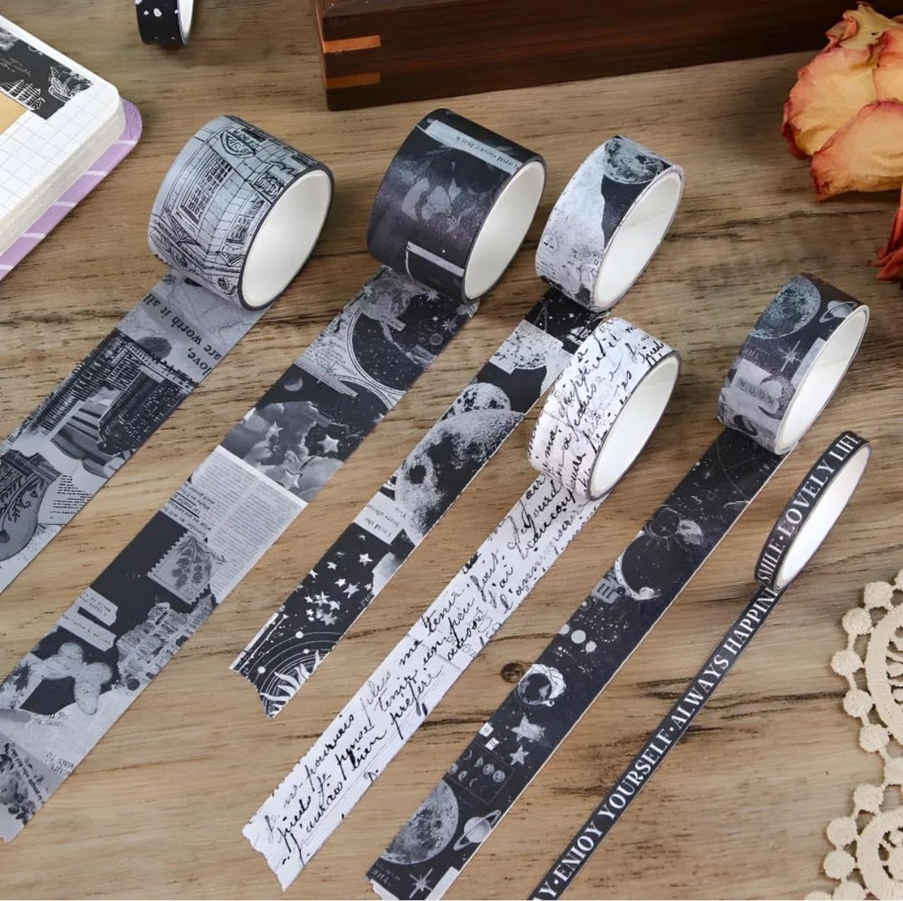 Goyal's Washi Tape Set Decorative Japanese Masking Paper Tape for Scrapbooking, Planners, Card/Gift Wrapping - 20Pcs Black & White