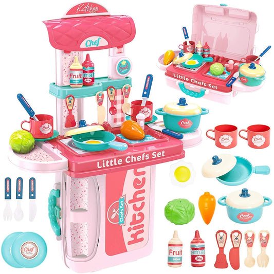 Goyal's 3 in 1 Portable Pretend Food Party Role Cooking Kitchen Toy Play Set for Boys and Girls - Pink