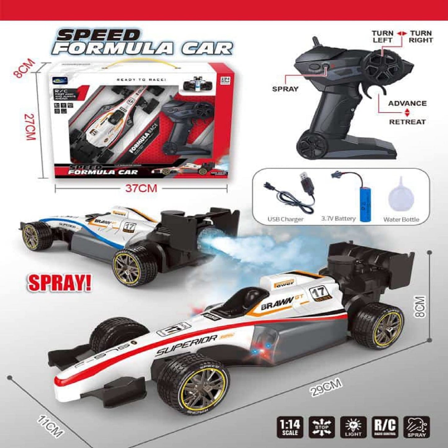 Goyal's High Speed Rc Car Remote Control 2Wd F1 Car for Boys|Smoke Spray Remote Car for Kids 5+ Years| Scale 1:14 Big Formula Car Toys for Boys with Light & Flame-Rechargeable