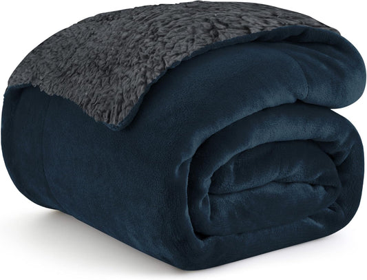 Goyal’s Ultra Soft Flannel Sherpa Blanket for Winter | Single Bed Reversible Plush Blanket 55 x 90 Inches | Thick, Warm & Cozy Dual Layer Microfibre Throw | Fade & Wrinkle Resistant - Navy Blue