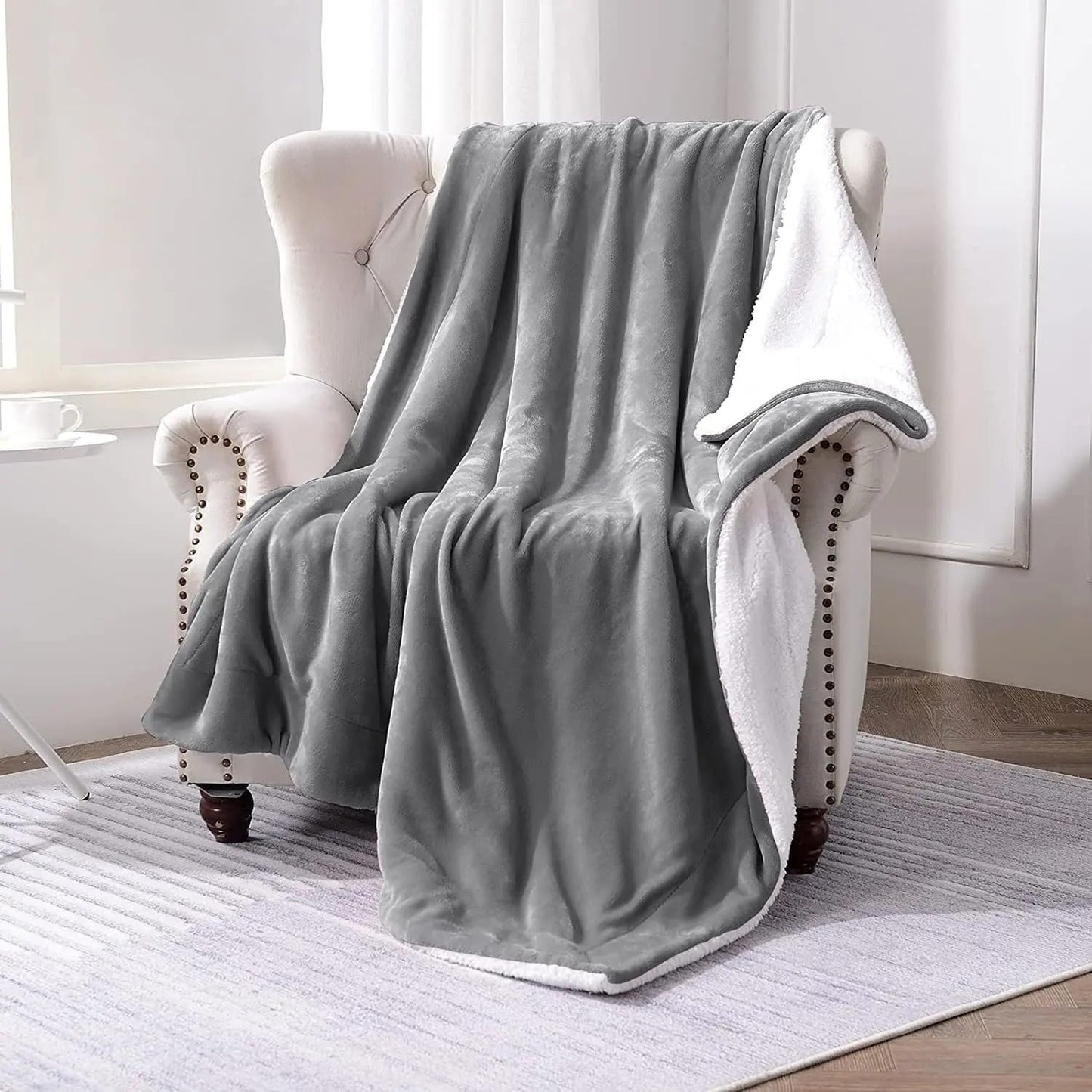 Goyal’s Ultra Soft Flannel Sherpa Blanket for Winter | Single Bed Reversible Plush Blanket 55 x 90 Inches | Thick, Warm & Cozy Dual Layer Microfibre Throw | Fade & Wrinkle Resistant - Grey