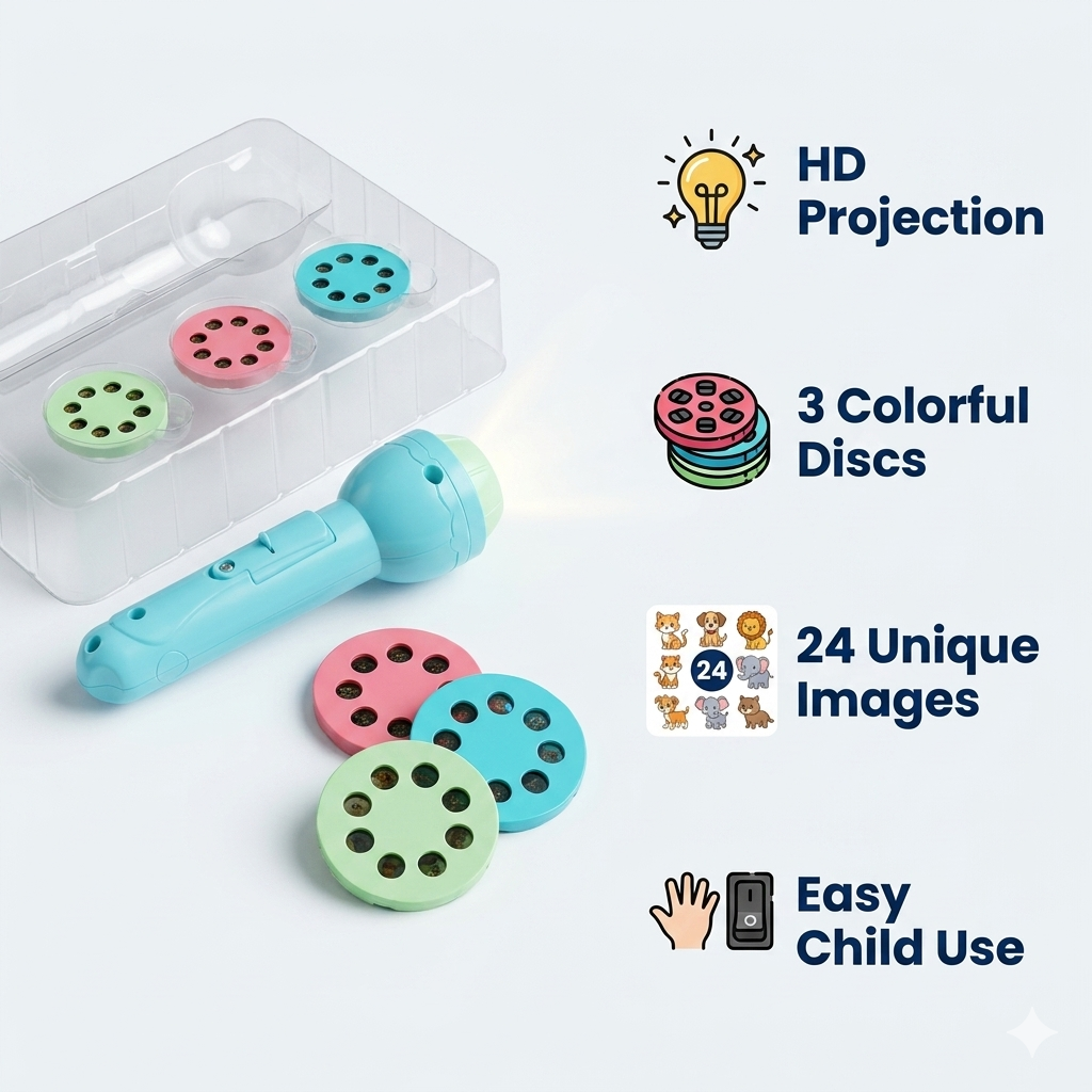 Goyal's 3-Slide Projector Flashlight Torch for Kids | 24 Picture Patterns with ABC Alphabets, Animals & Fruits | Educational Image Projector & Night Flashlight | Random Colour