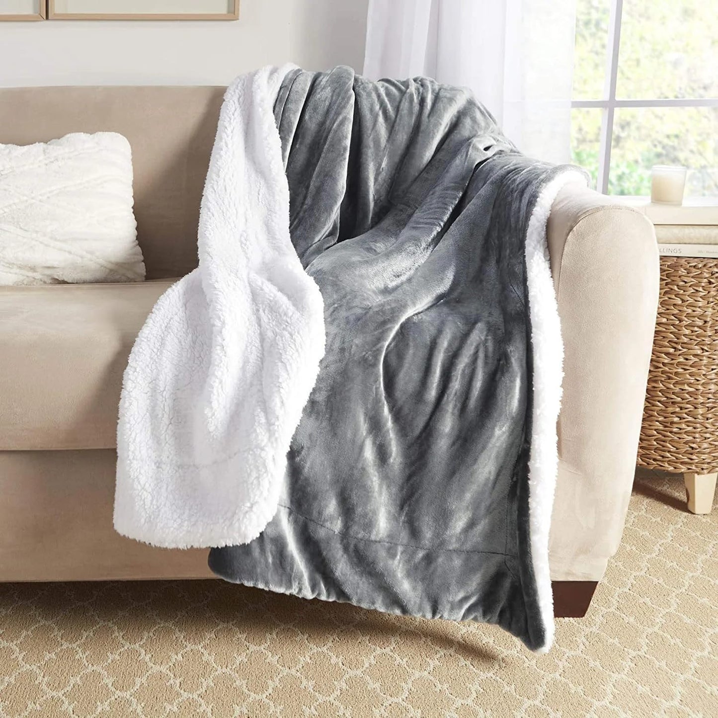 Goyal’s Ultra Soft Flannel Sherpa Blanket for Winter | Single Bed Reversible Plush Blanket 55 x 90 Inches | Thick, Warm & Cozy Dual Layer Microfibre Throw | Fade & Wrinkle Resistant - Grey