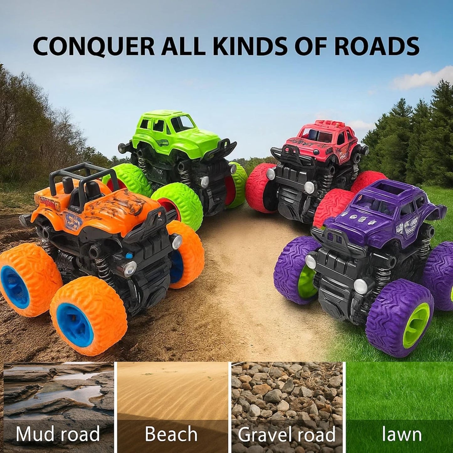Goyal's Monster Truck Toy for Kids Friction Powered 4x4 360° Stunt All-Terrain Spin Action Push & Go Off-Road Vehicles Cars Vibrant Colour for Boy Girl Birthday Gift Christmas Fun Play Set of 2