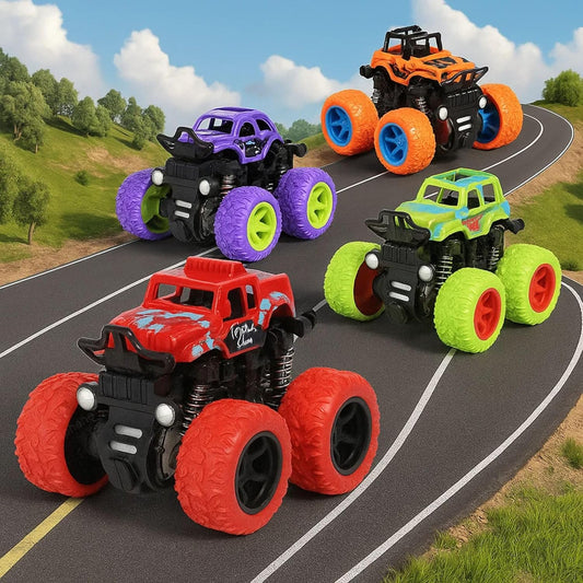 Goyal's 4WD Monster Truck Toy for Kids Friction Powered 4x4 360° Stunt All-Terrain Spin Action Push & Go Off-Road Vehicles Cars Vibrant Colour for Boy Girl (Set of 4 Pcs)