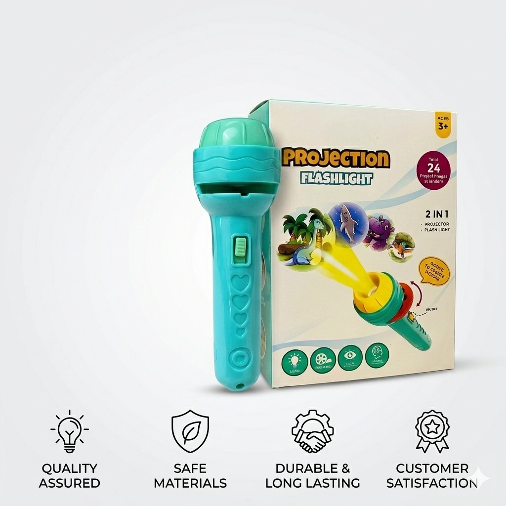 Goyal's 3-Slide Projector Flashlight Torch for Kids | 24 Picture Patterns with ABC Alphabets, Animals & Fruits | Educational Image Projector & Night Flashlight | Random Colour