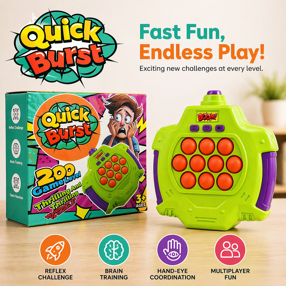 Goyal's Quick Burst Balloon Pop Game | Fast Push Reaction Game with 200 Levels, Lights & Sounds | Interactive Balloon Burst Challenge Game for Kids & Adults | Portable Party Game