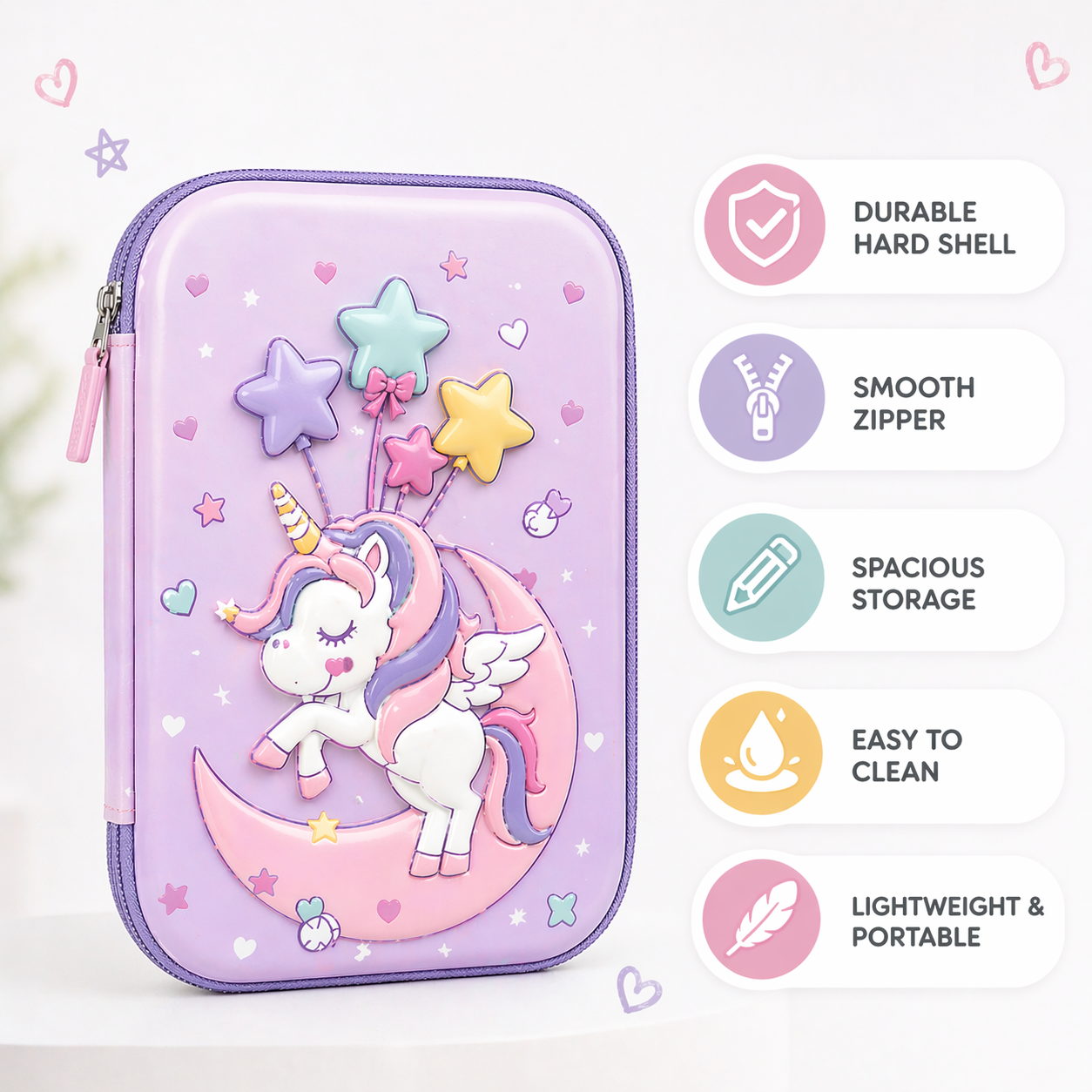 Goyal's Unicorn 3D EVA Hard Shell Pencil Case for Girls | Large Capacity Double Layer Stationery Box | Waterproof Cute Unicorn Pencil Pouch with Zipper | School Organizer for Kids Students