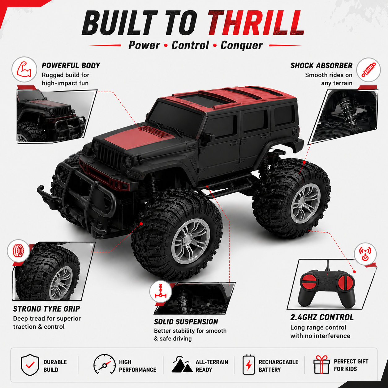 Goyal's Modern 2.4GHz RC Monster Truck Thar Jeep Car with Remote, Off-Road Toy, Red