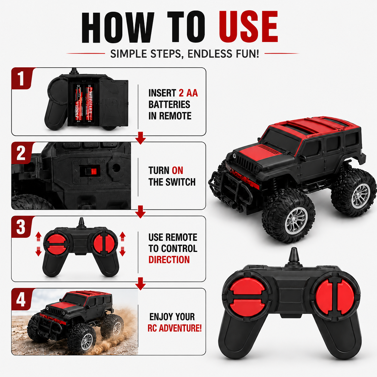Goyal's Modern 2.4GHz RC Monster Truck Thar Jeep Car with Remote, Off-Road Toy, Red
