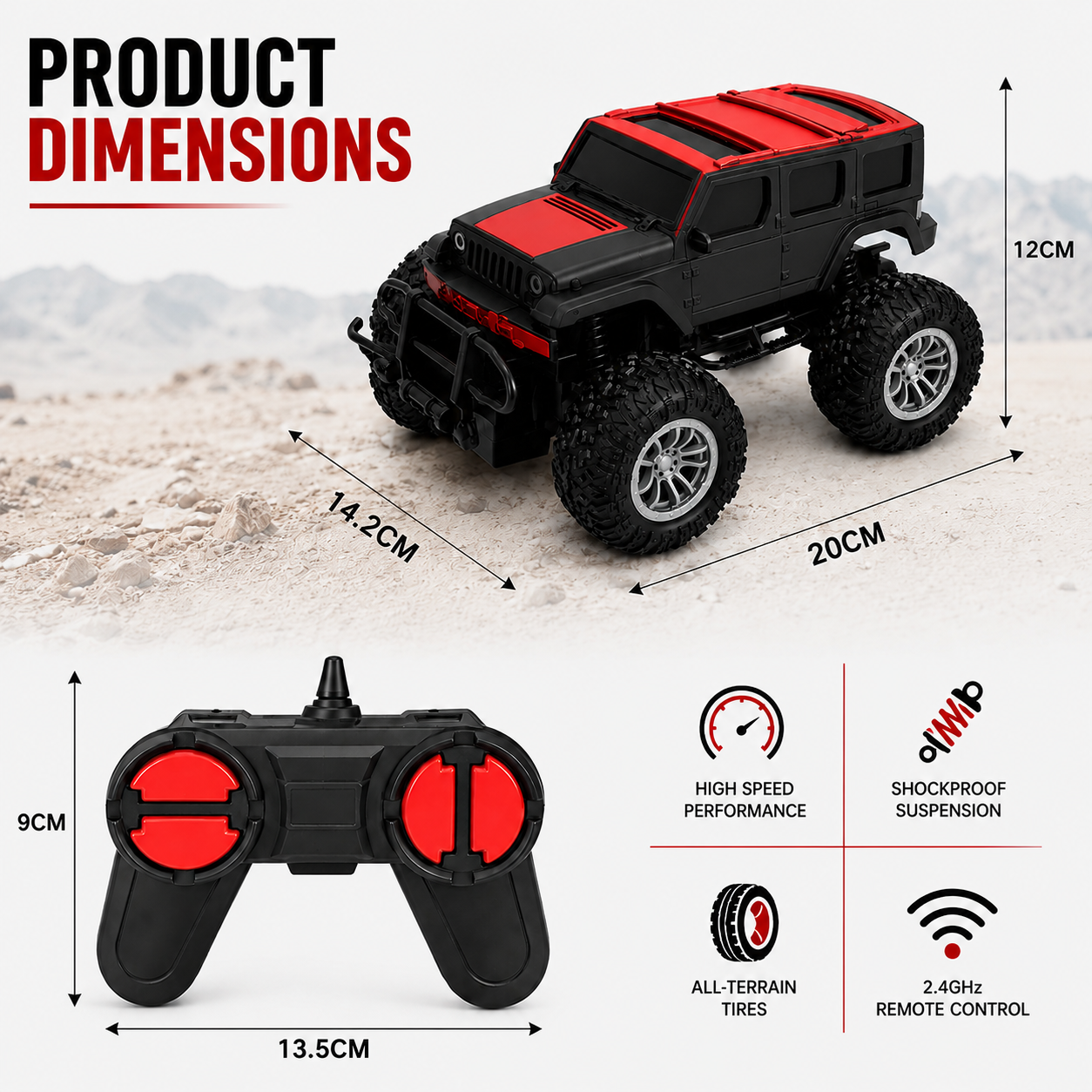 Goyal's Modern 2.4GHz RC Monster Truck Thar Jeep Car with Remote, Off-Road Toy, Red