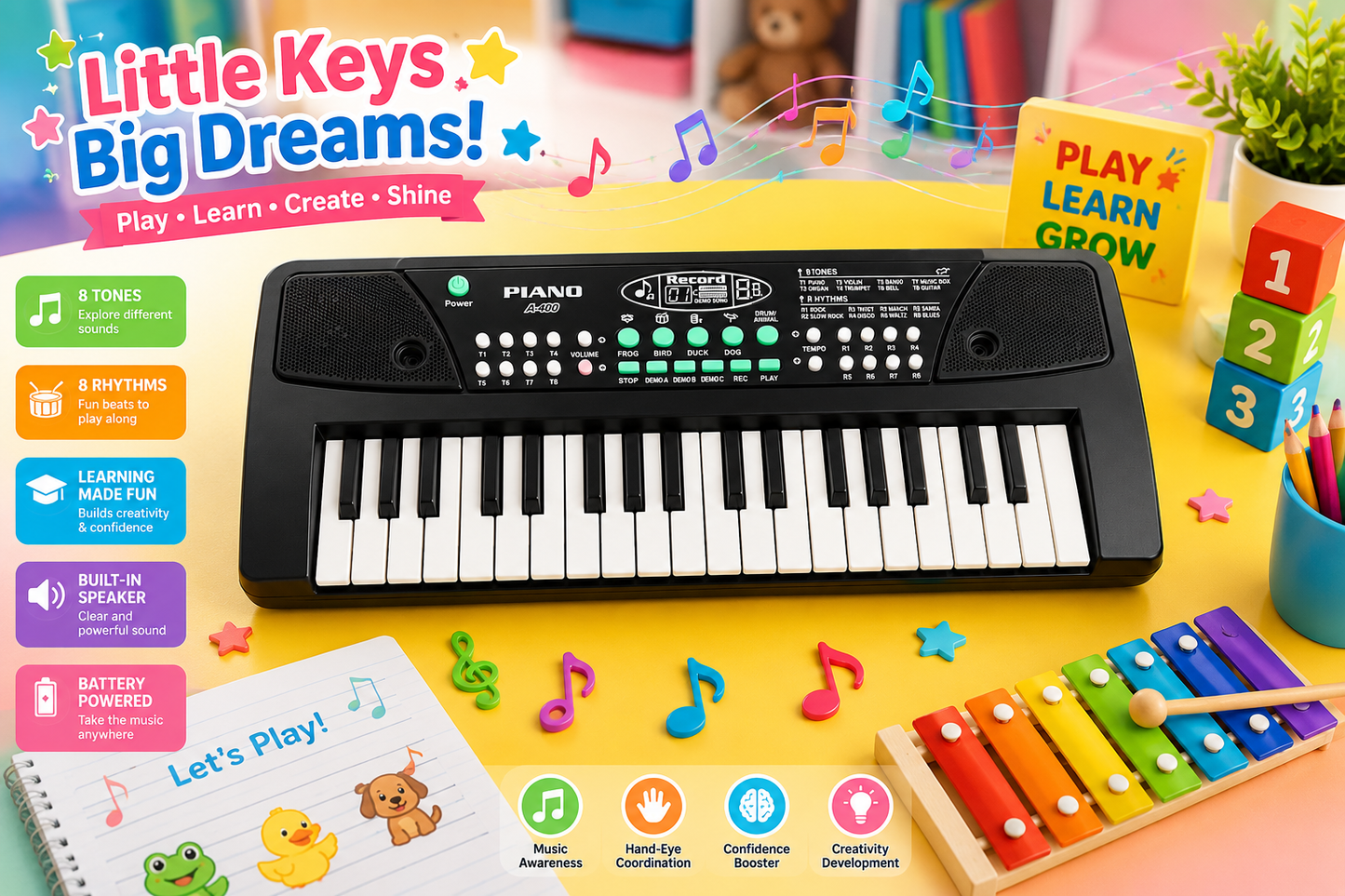 Goyal's Junior 37 Keys Keyboard Piano with Mic & USB | Kids Electronic Musical Keyboard | 8 Tones, 8 Rhythms, Animal Sounds, Record & Playback, Single Speaker
