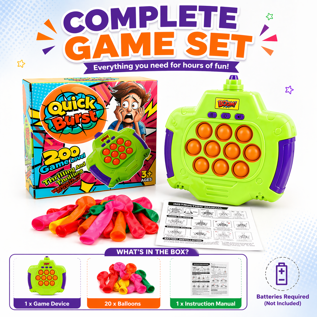 Goyal's Quick Burst Balloon Pop Game | Fast Push Reaction Game with 200 Levels, Lights & Sounds | Interactive Balloon Burst Challenge Game for Kids & Adults | Portable Party Game