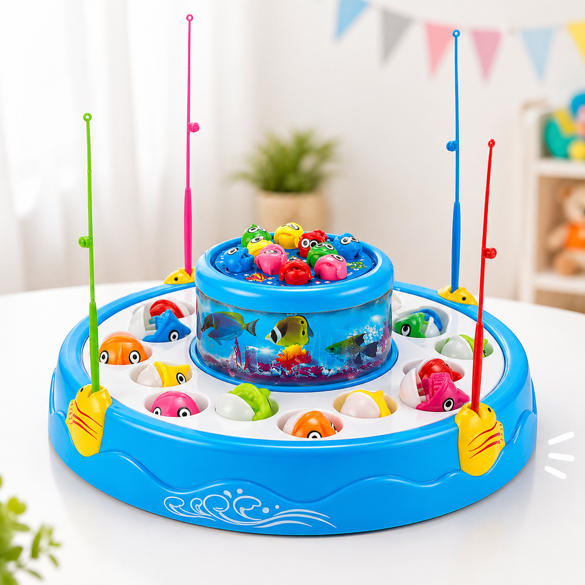 Goyal's Fishing Fish-Catching Game with 26 Piece Fishes, 2 Rotary Ponds and 4 Pods with Music and Light Function (Blue)