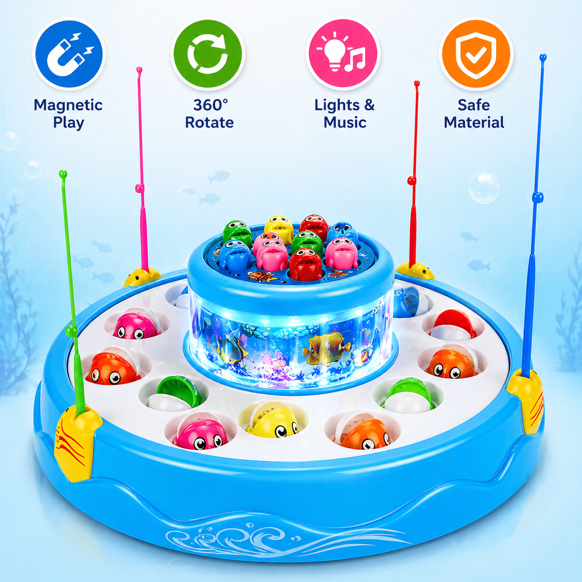Goyal's Fishing Fish-Catching Game with 26 Piece Fishes, 2 Rotary Ponds and 4 Pods with Music and Light Function (Blue)