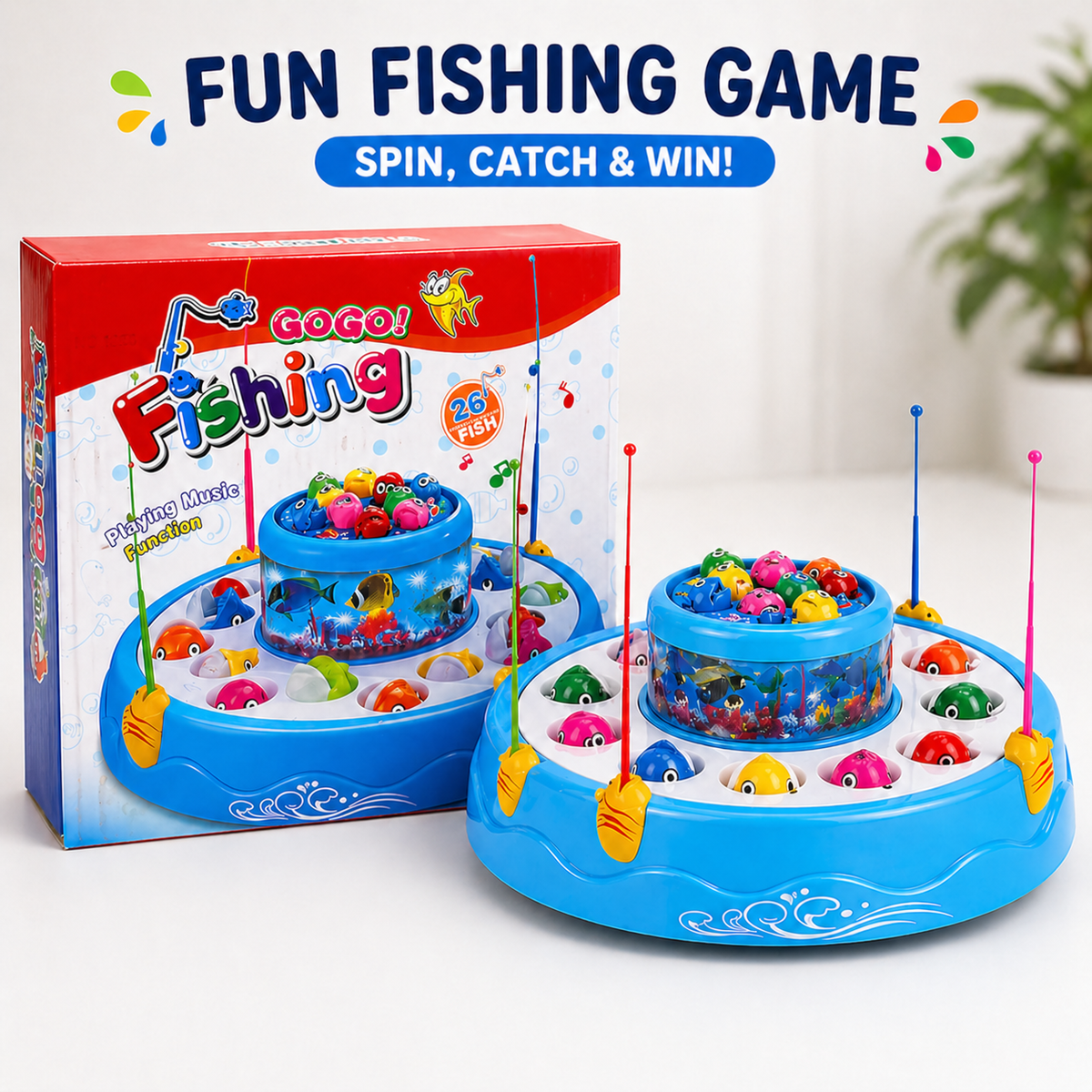 Goyal's Fishing Fish-Catching Game with 26 Piece Fishes, 2 Rotary Ponds and 4 Pods with Music and Light Function (Blue)