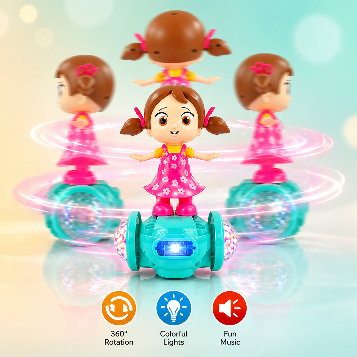 Goyal's 360° Rotating Dancing Girl Doll Toy | Musical Doll with Multicolour Flashing Lights & Bump and Go Action | Moving Activity Toy for Kids | Sit Girl