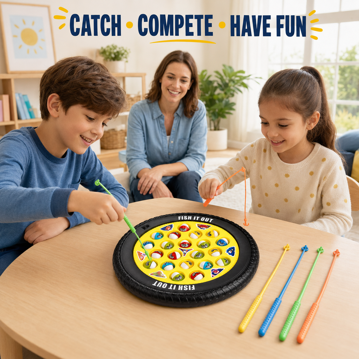 Goyal's Magnetic Musical Fishing Game | Rotating Fish Catching Toy with 21 Fishes & 4 Fishing Rods | Interactive Family Board Game for Kids | Black