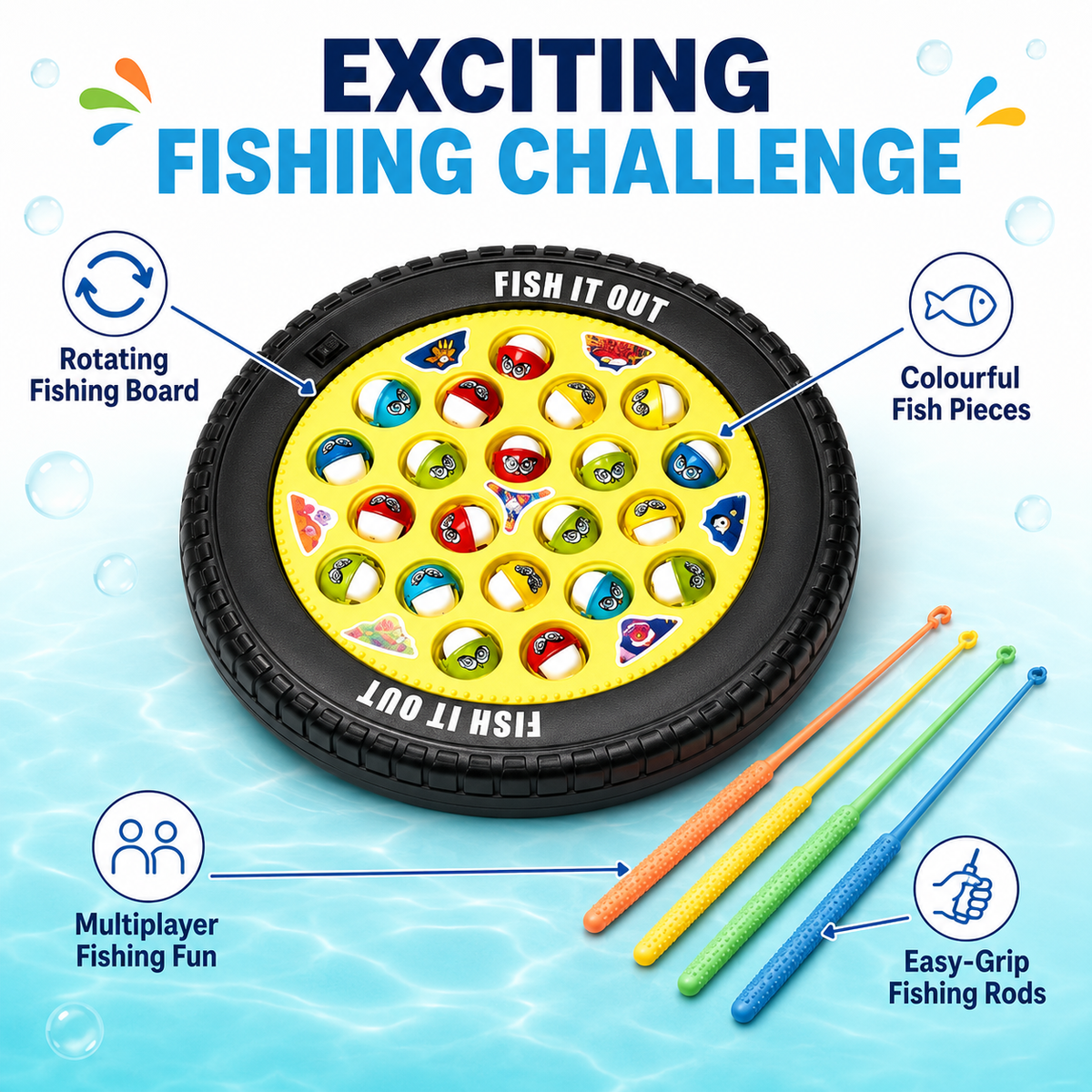 Goyal's Magnetic Musical Fishing Game | Rotating Fish Catching Toy with 21 Fishes & 4 Fishing Rods | Interactive Family Board Game for Kids | Black