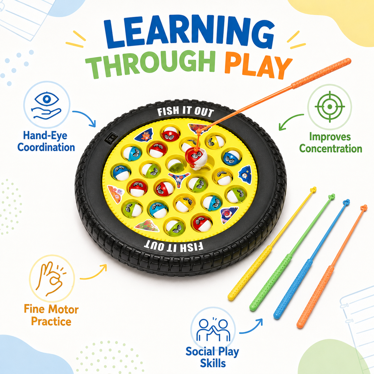 Goyal's Magnetic Musical Fishing Game | Rotating Fish Catching Toy with 21 Fishes & 4 Fishing Rods | Interactive Family Board Game for Kids | Black