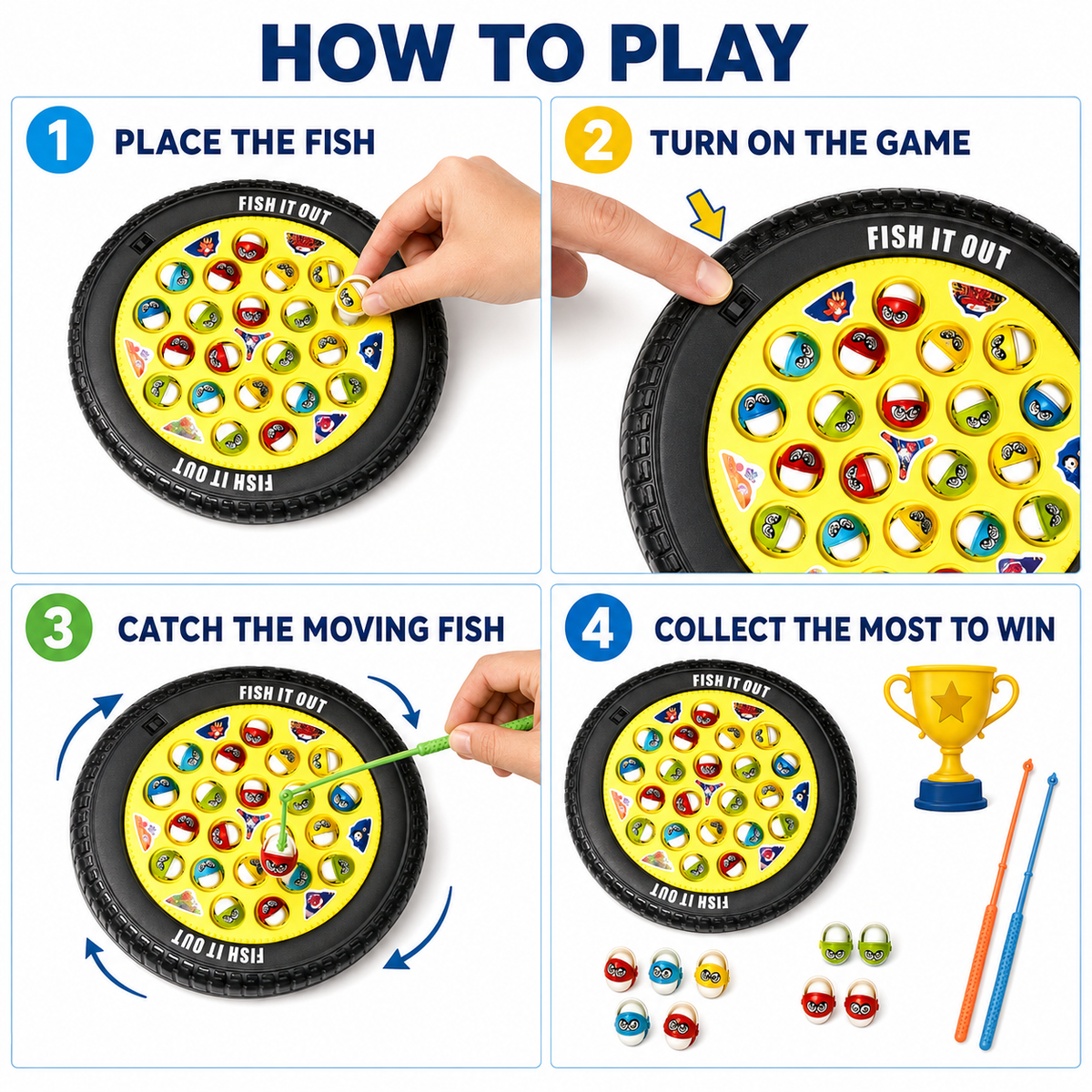 Goyal's Magnetic Musical Fishing Game | Rotating Fish Catching Toy with 21 Fishes & 4 Fishing Rods | Interactive Family Board Game for Kids | Black