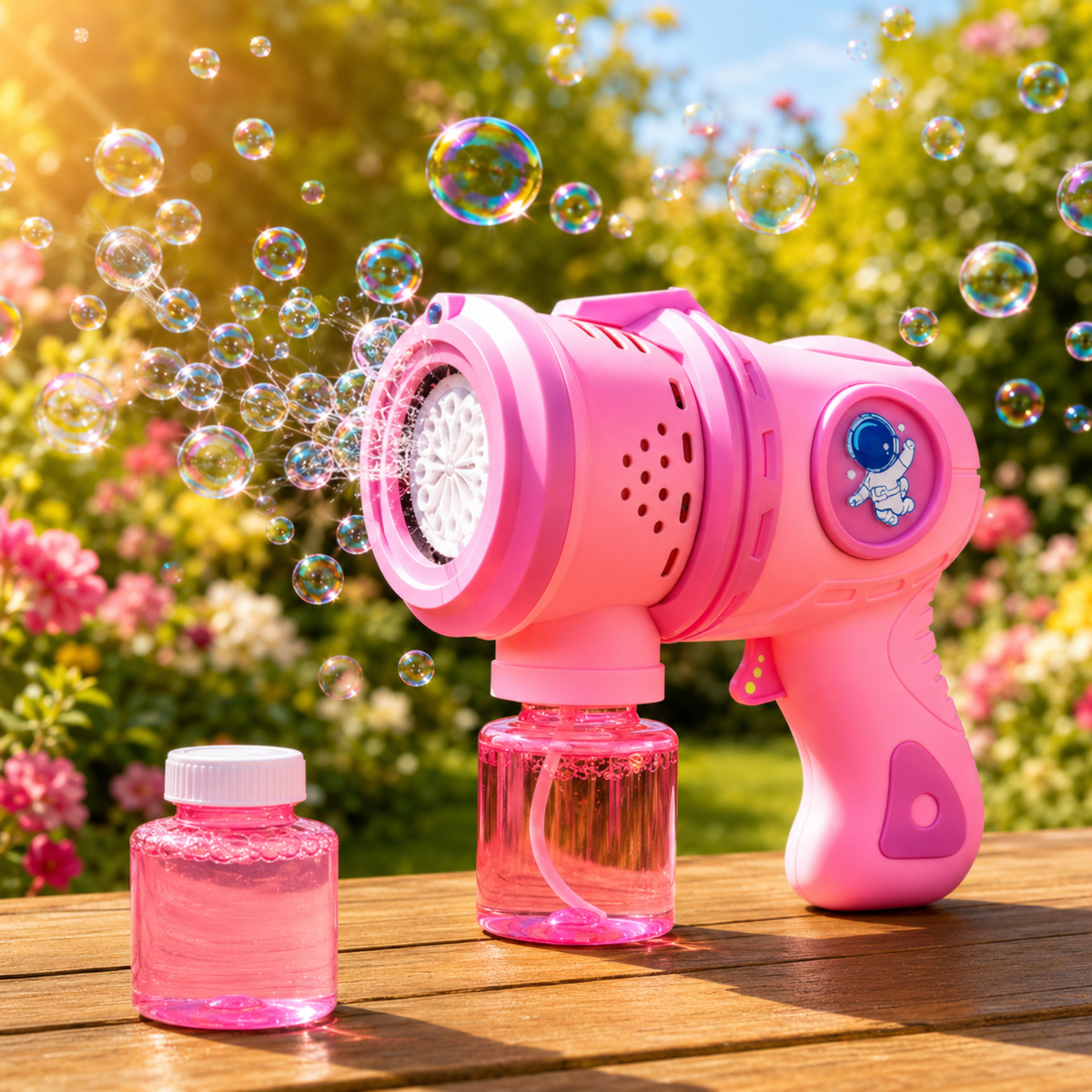 Goyal's Big Size Automatic Bubble Machine Gun for Kids | Bubble Blower with Leak-Resistant Design & 2 Bubble Solution Bottles | Battery Operated Outdoor Party Toy | Pink