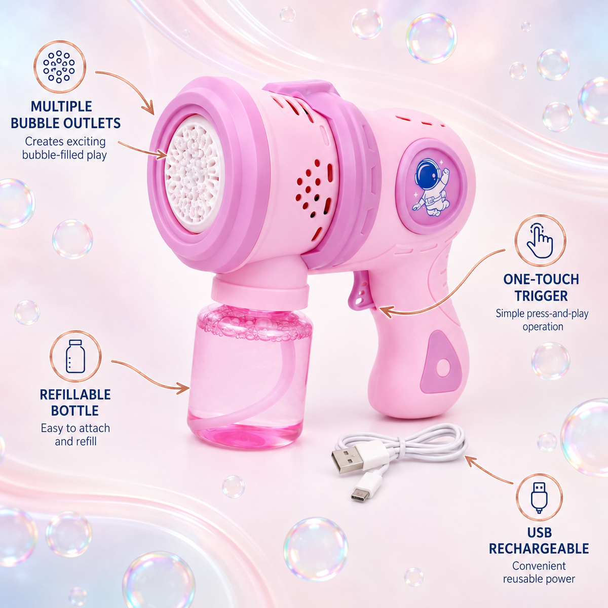 Goyal's Big Size Automatic Bubble Machine Gun for Kids | Bubble Blower with Leak-Resistant Design & 2 Bubble Solution Bottles | Battery Operated Outdoor Party Toy | Pink