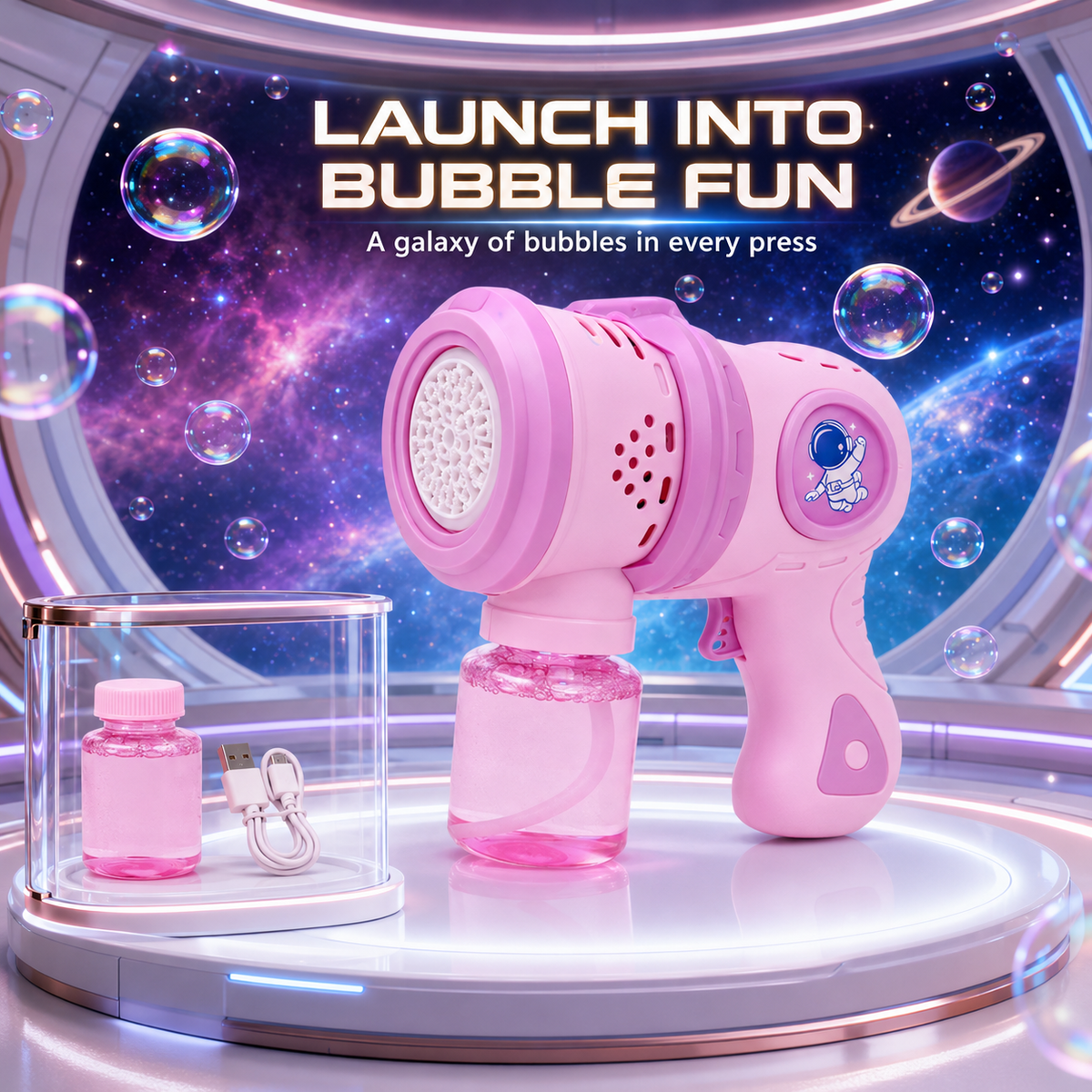 Goyal's Big Size Automatic Bubble Machine Gun for Kids | Bubble Blower with Leak-Resistant Design & 2 Bubble Solution Bottles | Battery Operated Outdoor Party Toy | Pink