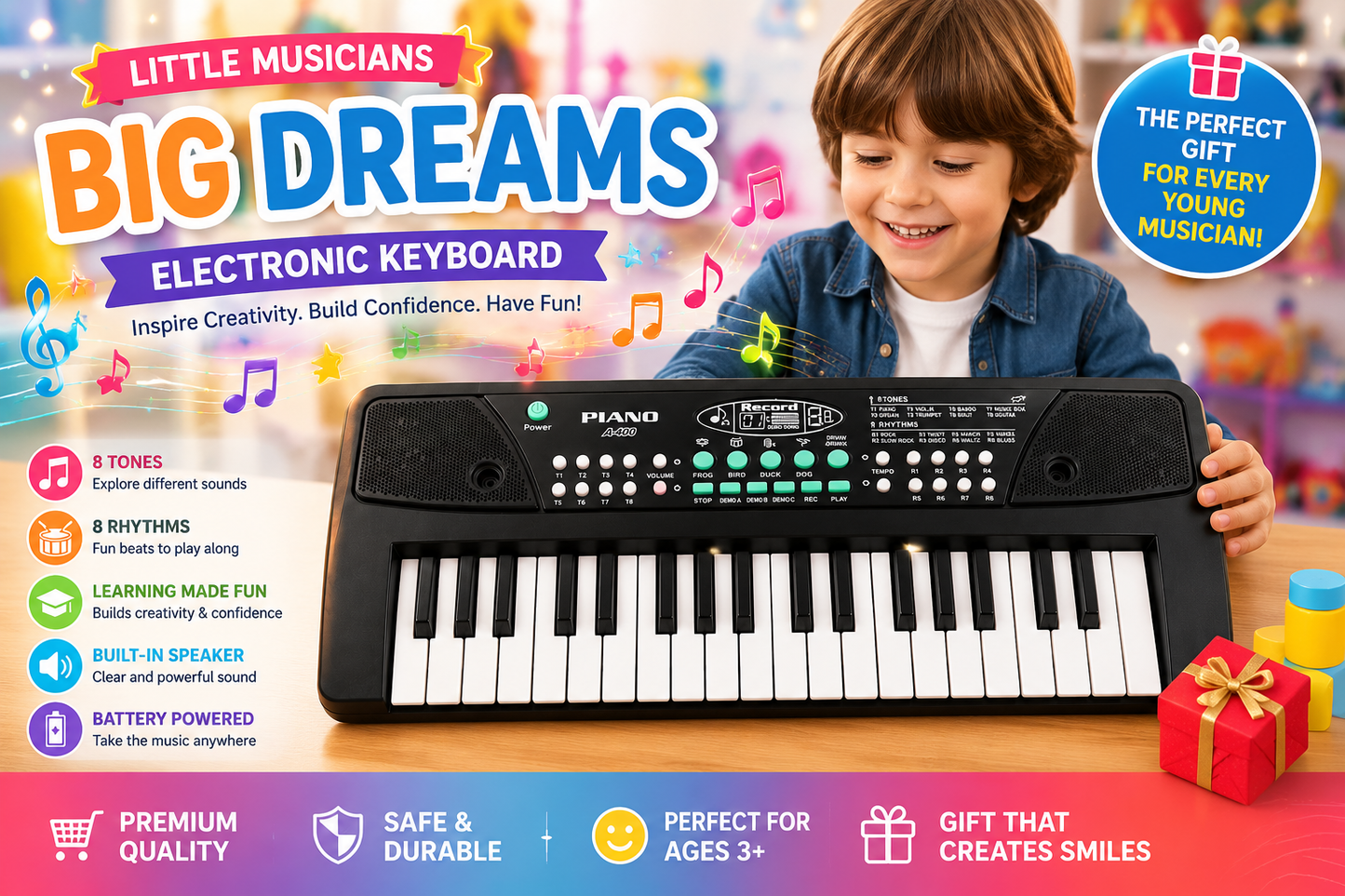 Goyal's Junior 37 Keys Keyboard Piano with Mic & USB | Kids Electronic Musical Keyboard | 8 Tones, 8 Rhythms, Animal Sounds, Record & Playback, Single Speaker