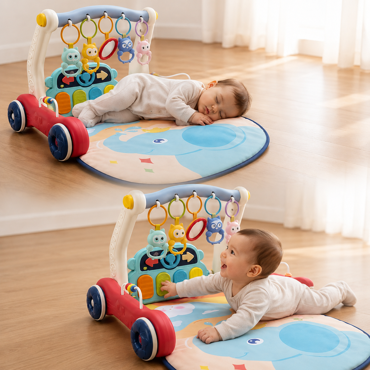 Goyal's 2-in-1 Musical Baby Play Gym & Push Walker | Activity Mat with Play Piano, Lights, Hanging Rattles & Tummy Time Mat | Convertible Baby Activity Centre | Multicolour
