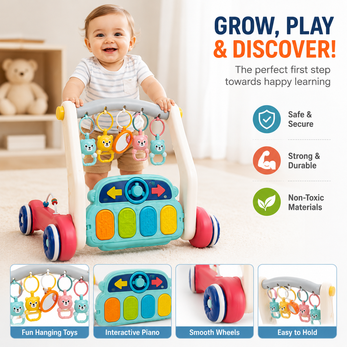 Goyal's 2-in-1 Musical Baby Play Gym & Push Walker | Activity Mat with Play Piano, Lights, Hanging Rattles & Tummy Time Mat | Convertible Baby Activity Centre | Multicolour