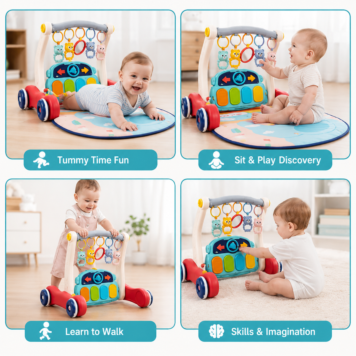 Goyal's 2-in-1 Musical Baby Play Gym & Push Walker | Activity Mat with Play Piano, Lights, Hanging Rattles & Tummy Time Mat | Convertible Baby Activity Centre | Multicolour