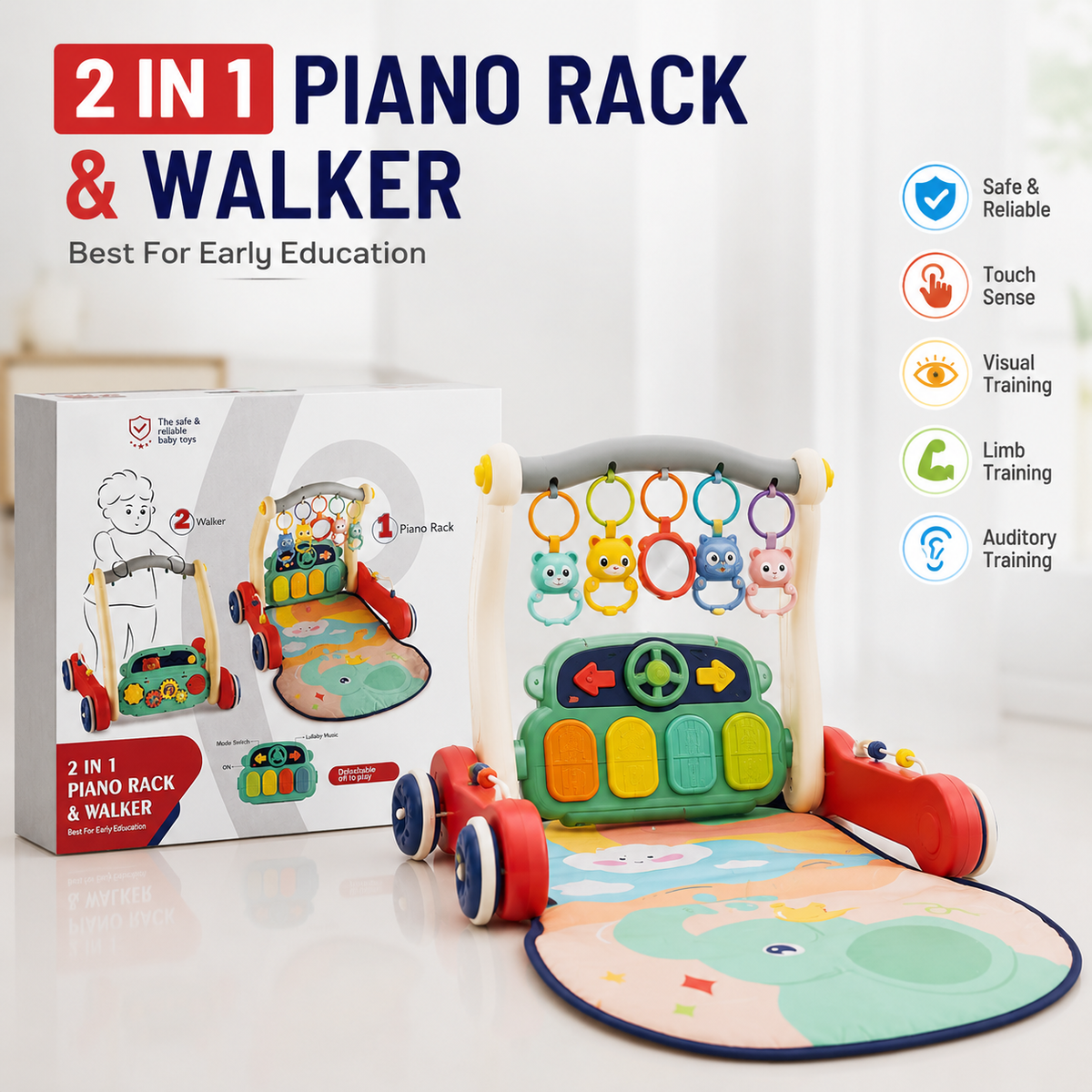 Goyal's 2-in-1 Musical Baby Play Gym & Push Walker | Activity Mat with Play Piano, Lights, Hanging Rattles & Tummy Time Mat | Convertible Baby Activity Centre | Multicolour