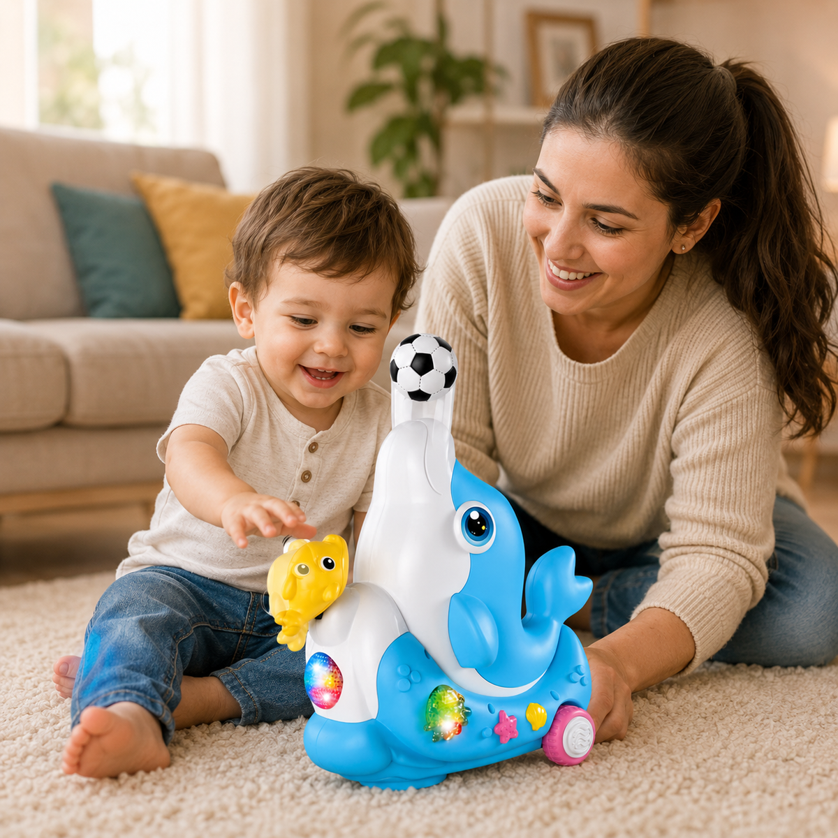 Goyal's Dolphin Musical Toy with Lights & Music | Interactive Rolling Dolphin Toy with Levitation Ball & Duck | Multicolor