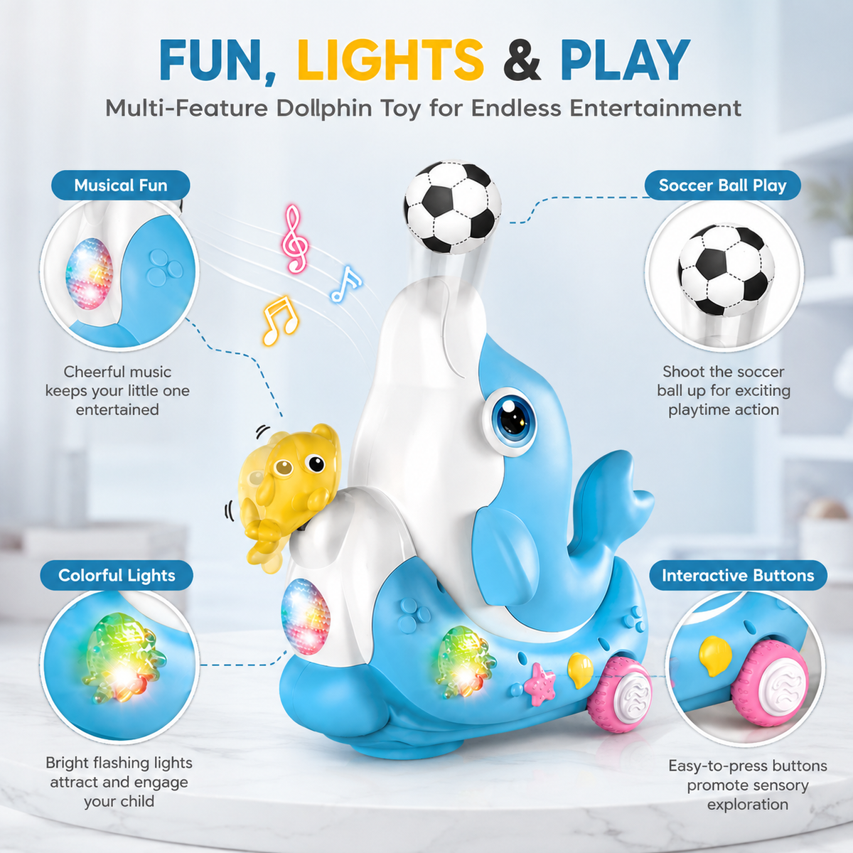 Goyal's Dolphin Musical Toy with Lights & Music | Interactive Rolling Dolphin Toy with Levitation Ball & Duck | Multicolor