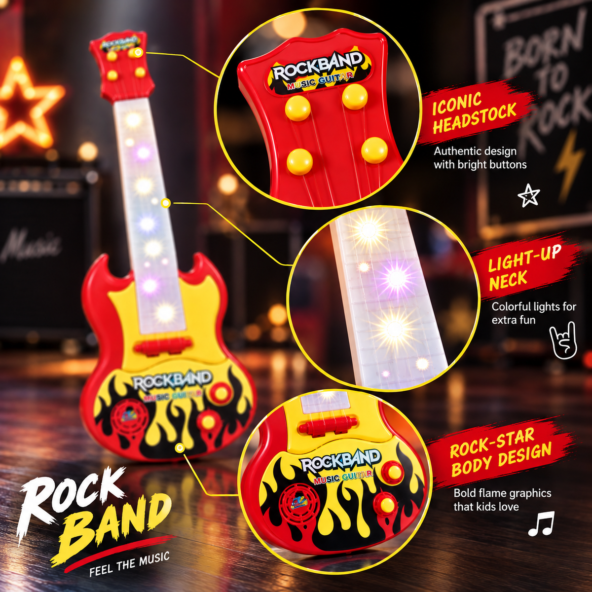 Goyal's Musical Guitar with Light and Pre-stored Notes with Nylon Wires | Toy Guitar with Light and Music for Kids - Multicolor (15 Inches)
