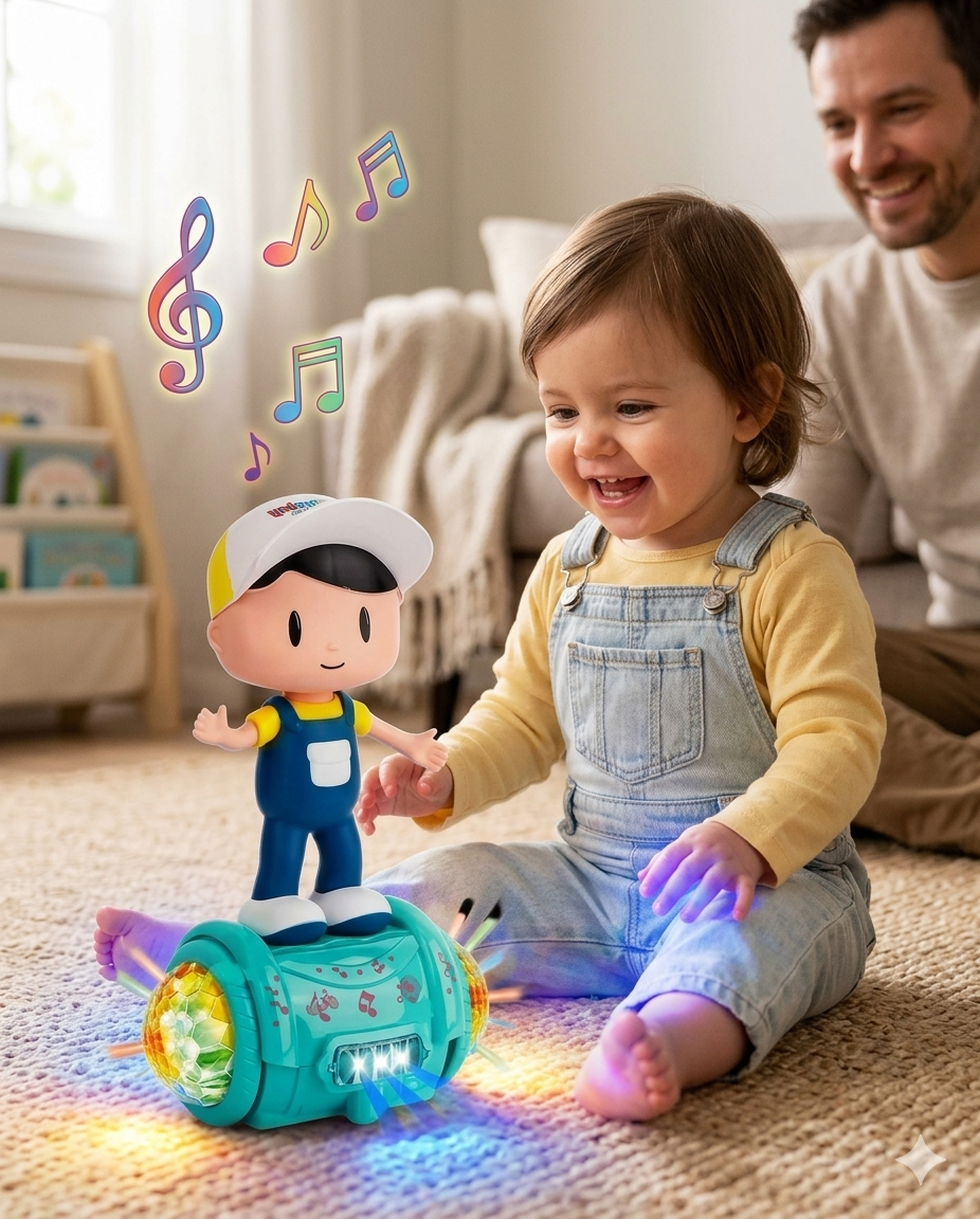 Goyal's 360° Rotating Dancing Fashion Boy Toy | Musical Toy with Multicolour Flashing Lights & Bump and Go Action | Moving Activity Toy for Kids