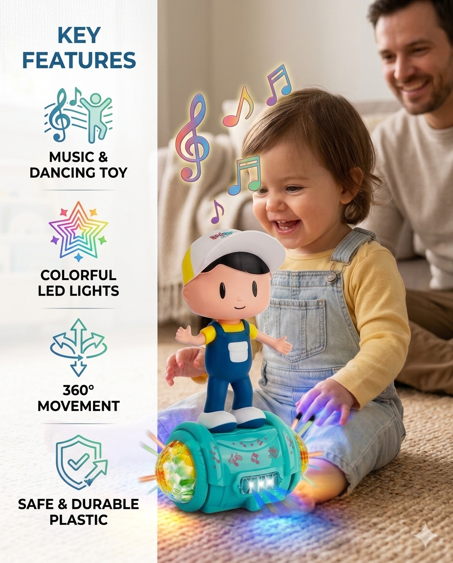 Goyal's 360° Rotating Dancing Fashion Boy Toy | Musical Toy with Multicolour Flashing Lights & Bump and Go Action | Moving Activity Toy for Kids