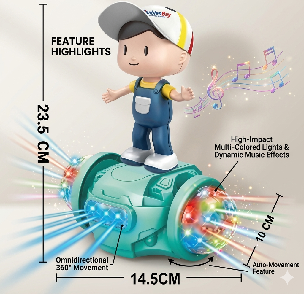 Goyal's 360° Rotating Dancing Fashion Boy Toy | Musical Toy with Multicolour Flashing Lights & Bump and Go Action | Moving Activity Toy for Kids