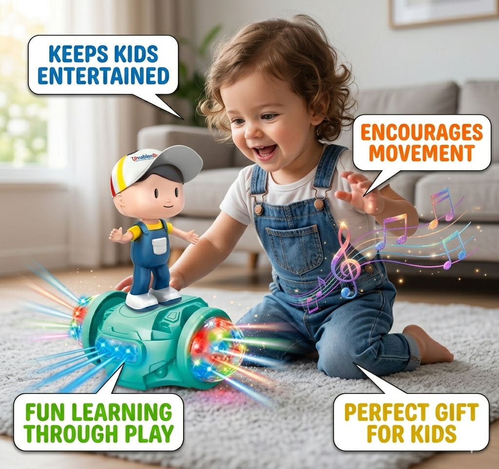 Goyal's 360° Rotating Dancing Fashion Boy Toy | Musical Toy with Multicolour Flashing Lights & Bump and Go Action | Moving Activity Toy for Kids