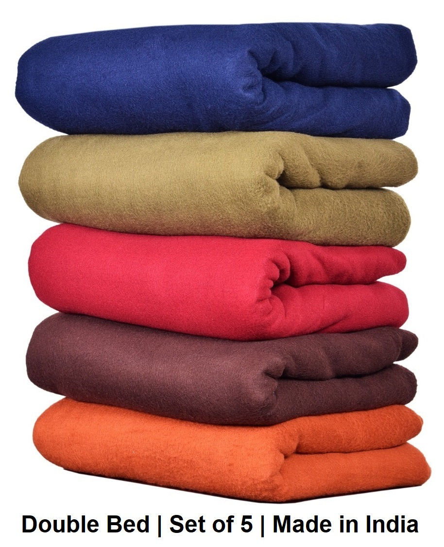 Goyal's Plain Fleece Double Bed All Season Blanket / Comforter / Dohar 250TC (Blue, Brown, Red, Green, Orange)- Pack of 5