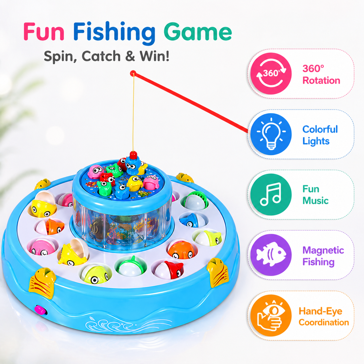 Goyal's Fishing Fish-Catching Game with 26 Piece Fishes, 2 Rotary Ponds and 4 Pods with Music and Light Function (Blue)