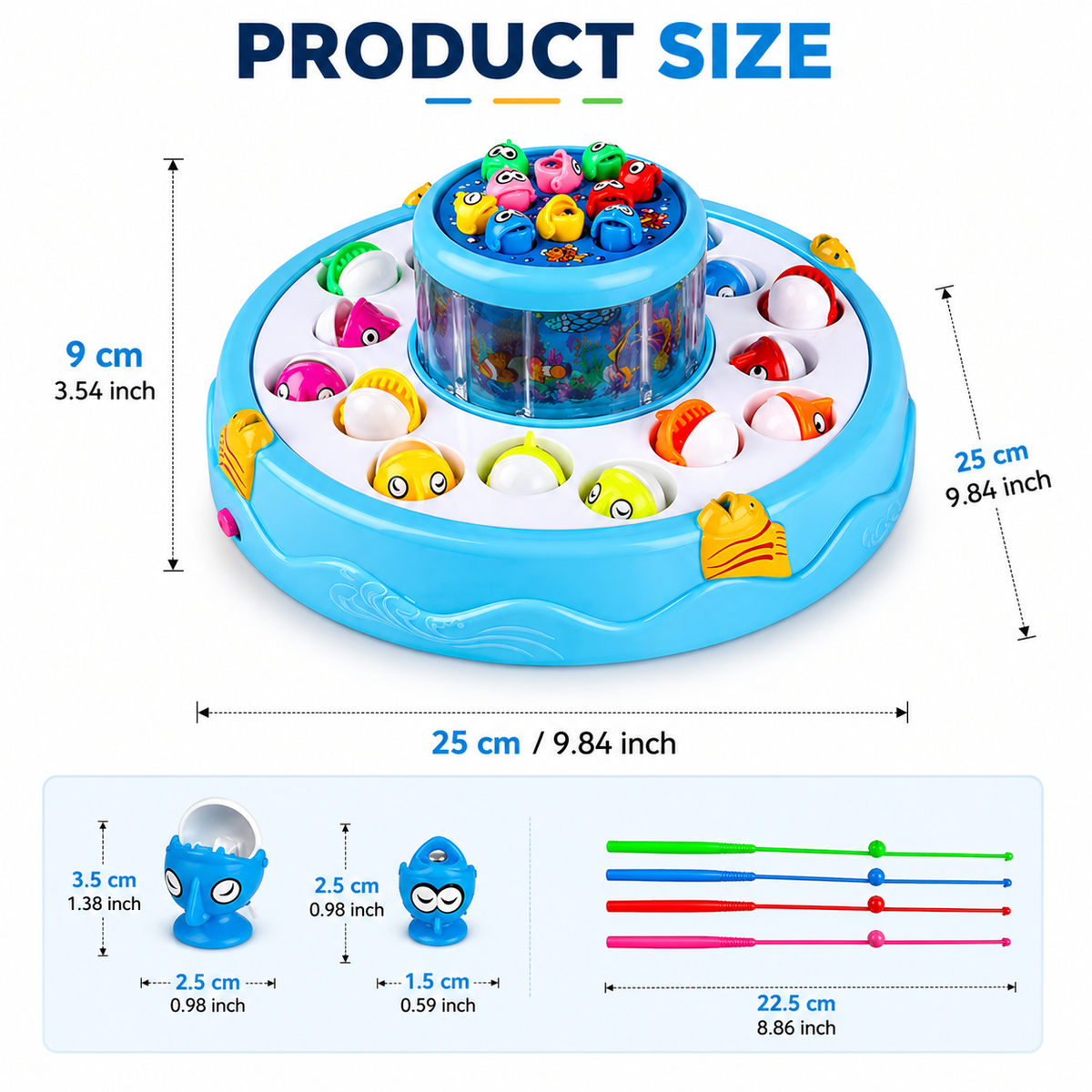 Goyal's Fishing Fish-Catching Game with 26 Piece Fishes, 2 Rotary Ponds and 4 Pods with Music and Light Function (Blue)
